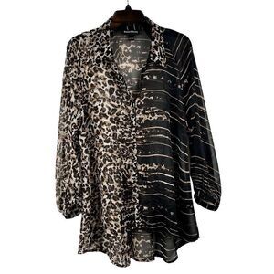 Ronnie Salloway Animal Print Stripes Sheer Long Sleeve Blouse Large